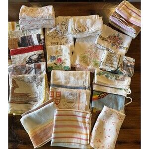 27 Vintage Kitchen Towels Calendar Linen Cross Stitched Striped Recipe And Ties